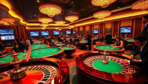 Experience high stakes at thabet casino with vibrant poker and roulette tables.