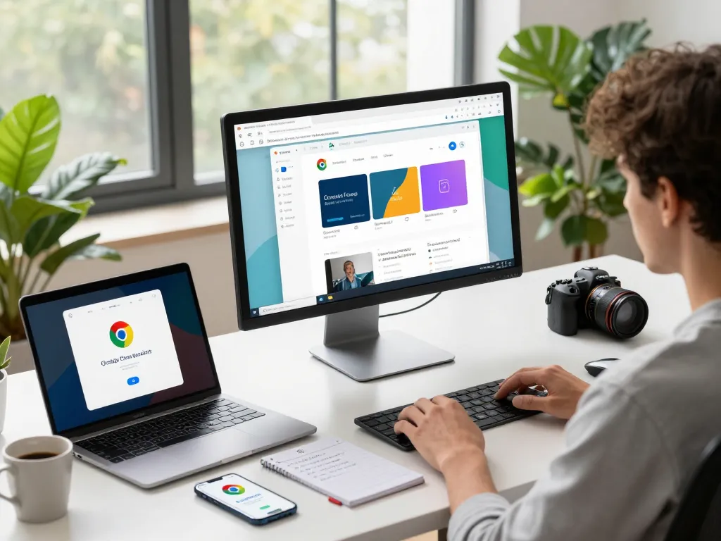 Explore the features of 谷歌浏览器 in a modern tech workspace with vibrant productivity elements.