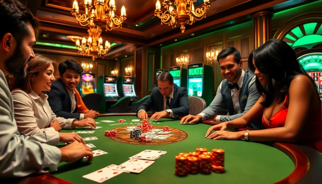 Playing poker at a deluxe casino table with chips and cards at https://luckywin.fan/ for an exciting gaming experience.