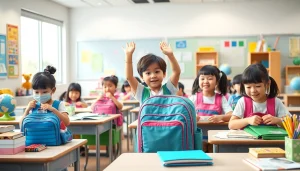 明るい教室の場面で、大容量 ランドセルを開ける子どもたち