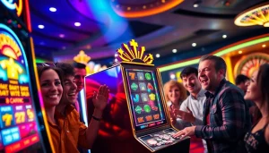 Experience thrilling wins at a slot gacor machine with players enjoying their luck in a lively casino.