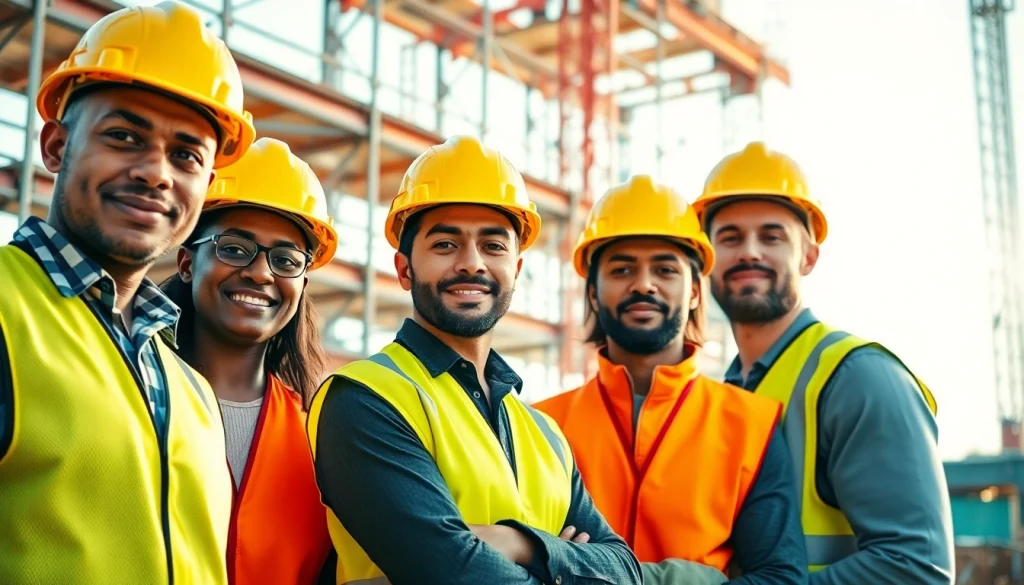 Showcasing construction site safety, diverse workers wear safety gear on an active construction site.