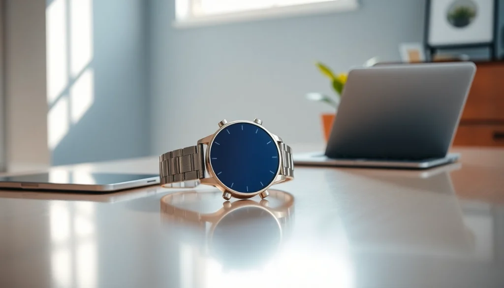 Showcasing the Finesse Smart Watch with a metallic finish on a modern workstation.