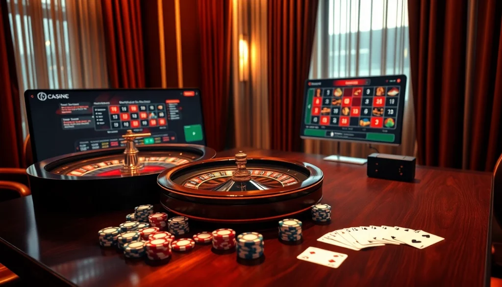 Découvrez des jeux de hasard en ligne palpitants dans ce cadre de casino en ligne de luxe avec des jetons de poker et une roulette.