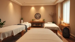 편안한 분위기의 스웨디시 마사지 환경, 마사지 테이블 및 아로마 오일.