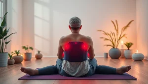 Individual relaxing with a red light therapy belt in a serene wellness environment, promoting pain relief and skin rejuvenation.
