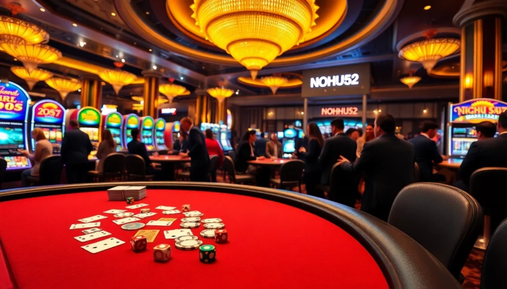 Experience the excitement of NOHU52 featuring vibrant casino visuals with poker games and slot machines.