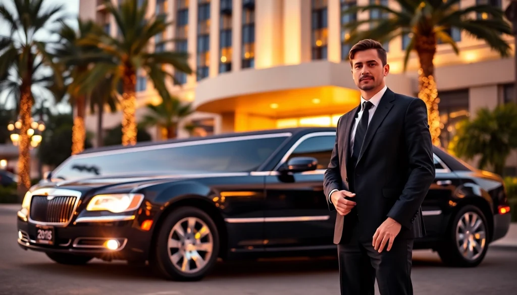 LA Limo parked in front of a luxury hotel, ready for premium transportation.