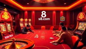 Players immersed in a thrilling poker game at s8.com casino, surrounded by exciting slot machines.