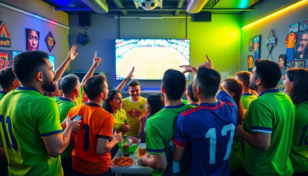Socolive.com.co soccer fans enjoying a live match watch party with vibrant energy and excitement.