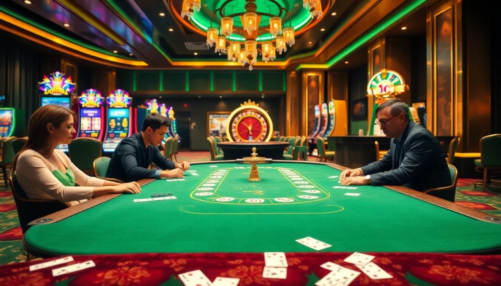Engaged players at a luxurious QQ88 poker table in a vibrant casino setting.