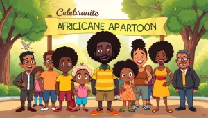 A vibrant scene celebrating African American Cartoons with iconic characters enjoying a day in the park.