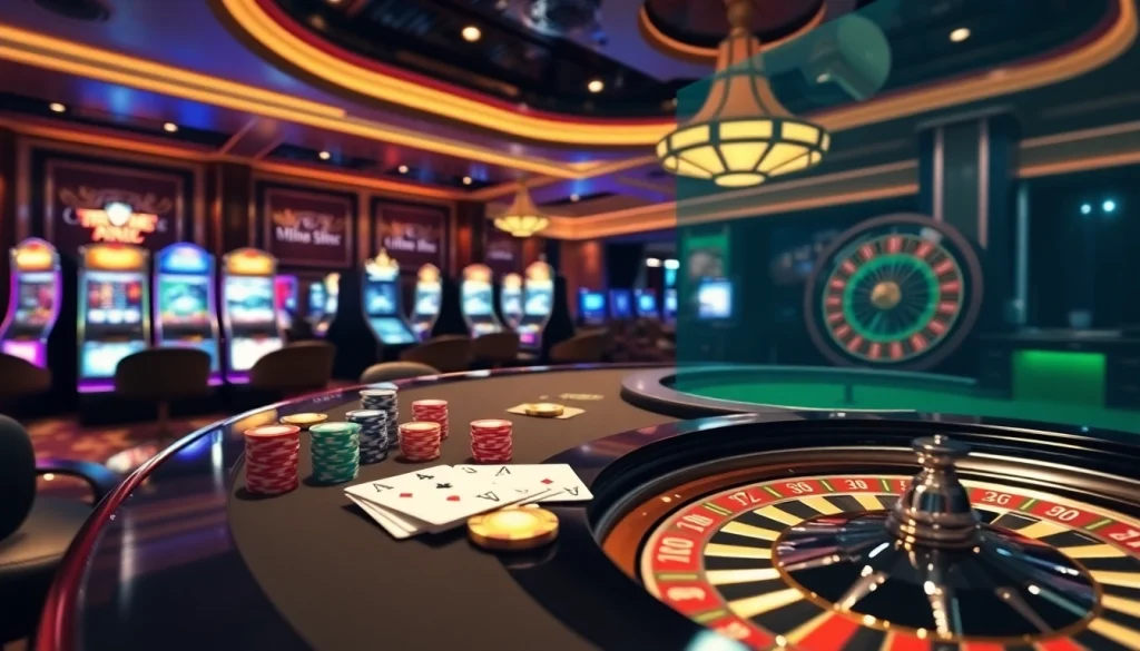 Casino en ligne avec des tables vibrantes et des machines à sous illuminées, mettant en avant une atmosphère de jeu excitante.