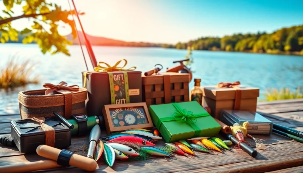 Explore unique fishing gifts displayed elegantly by a tranquil lake setting.