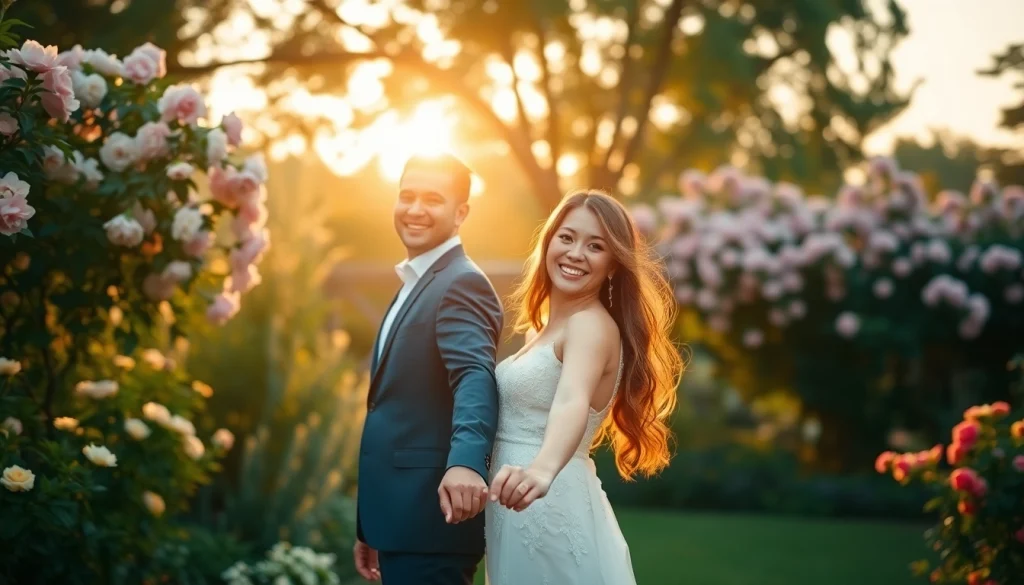 Wedding photographer capturing an intimate moment between a couple in a romantic garden setting.
