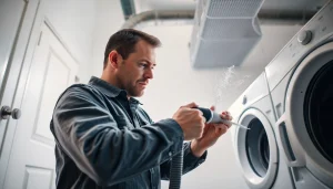 Dryer Vent Cleaning by a professional technician, showcasing expert lint removal tools in a clean laundry room.