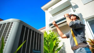 Technician installing the American Standard air conditioner in a sunny garden setting.