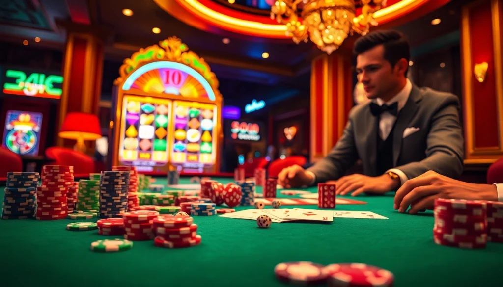 Joueurs profitant d'une expérience de casino en ligne palpitante avec des jetons et des cartes vibrants à une table luxueuse.