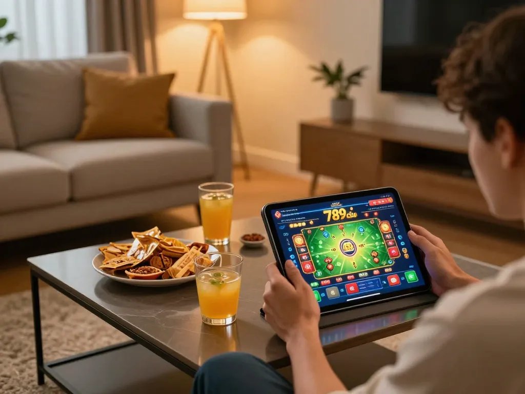 Playing 789 club game on a tablet in a cozy home setting, showcasing modern gaming atmosphere.