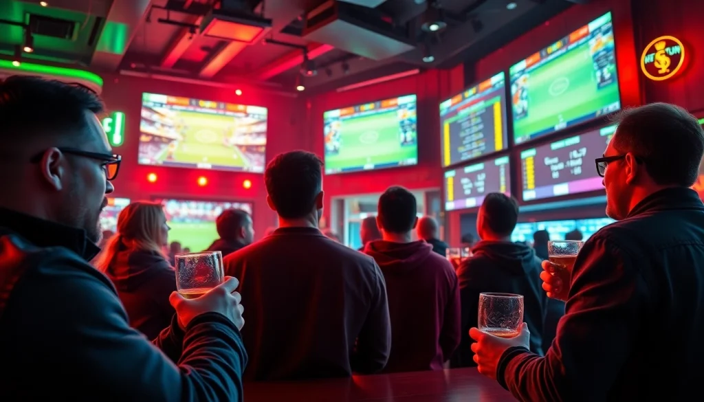 Engaged football fans at a sports bar discussing live betting odds from keonhacai.gold.