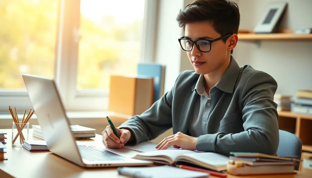 Student engaged in exam help study session with books and laptop in a bright room.