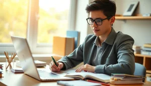 Student engaged in exam help study session with books and laptop in a bright room.
