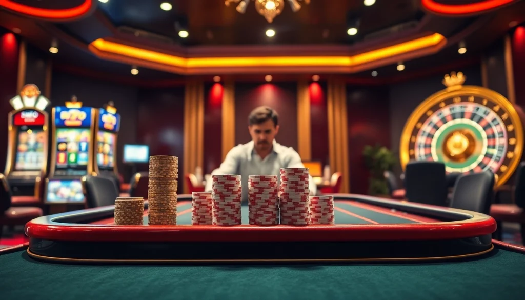 Une scène de casino en ligne époustouflante avec une table de poker, des machines à sous vibrantes et une roue de roulette accueillante.