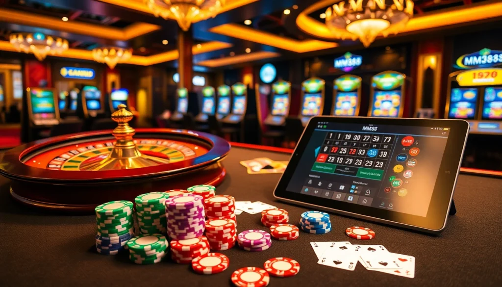 MM88 casino table featuring vibrant poker chips and a roulette wheel in an elegant environment.