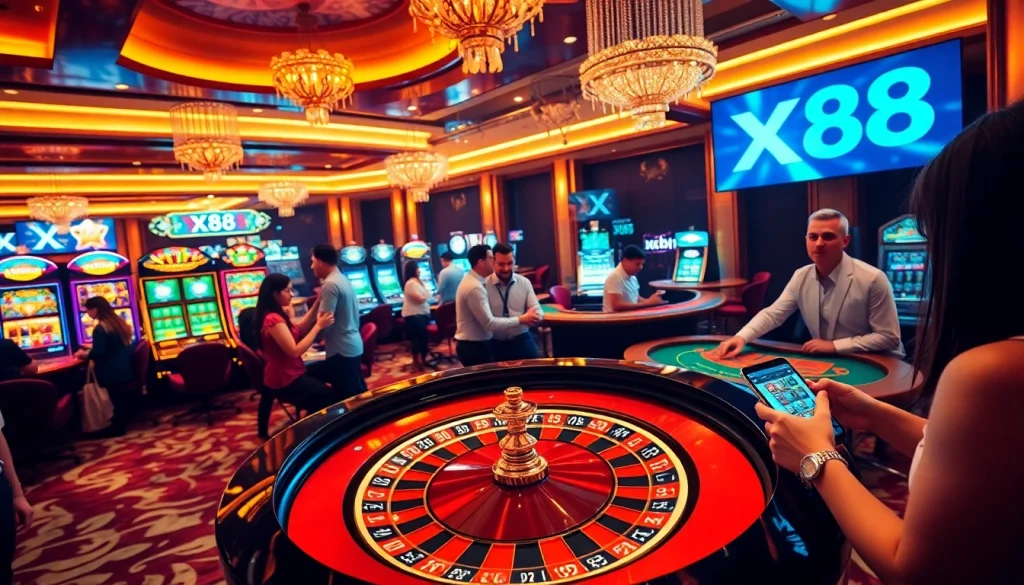 Engage in thrilling casino games at X88, featuring roulette and friendly dealers in a luxury setting.