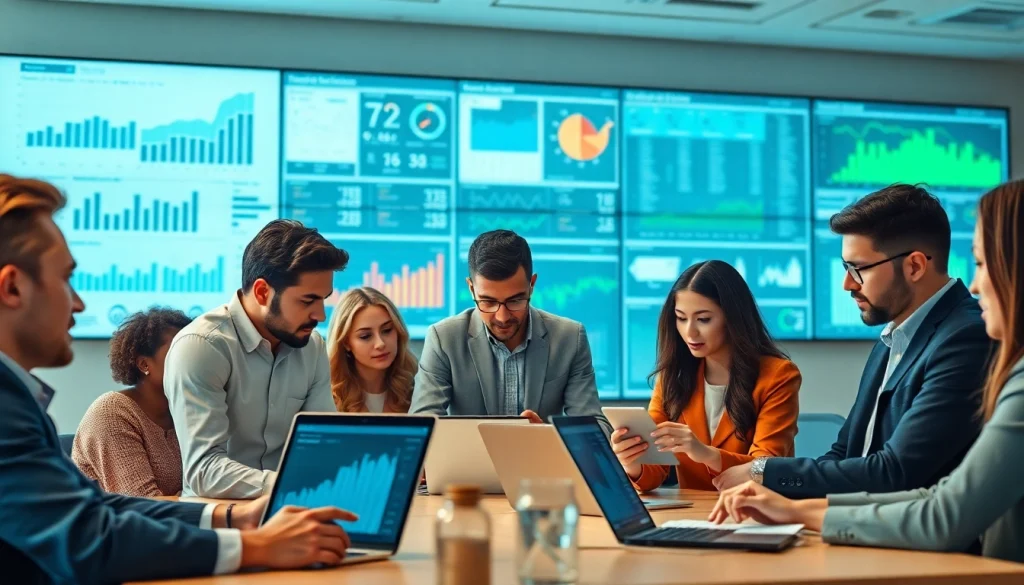 Team analyzing data for b2b competitive intelligence in a modern office setting.