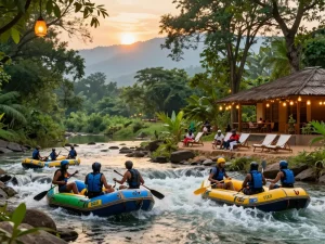 Dandeli resorts river rafting experience with vibrant rafts and families enjoying the lush jungle surroundings.