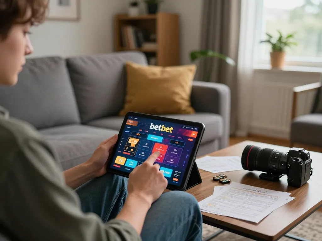 Player enjoying betbet online gaming on a tablet in a cozy home setting, illustrating responsible gaming.
