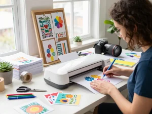 Creating vibrant SVG for Cricut designs in a sunny crafting studio.