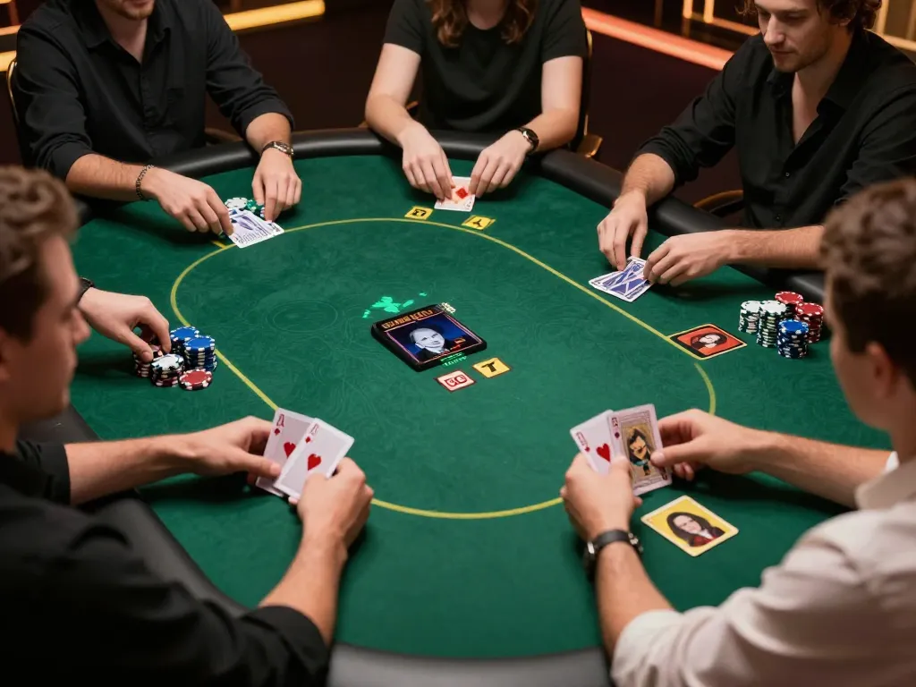 Players engaging in online poker at F88BET, showcasing a dynamic game with cards and chips involved