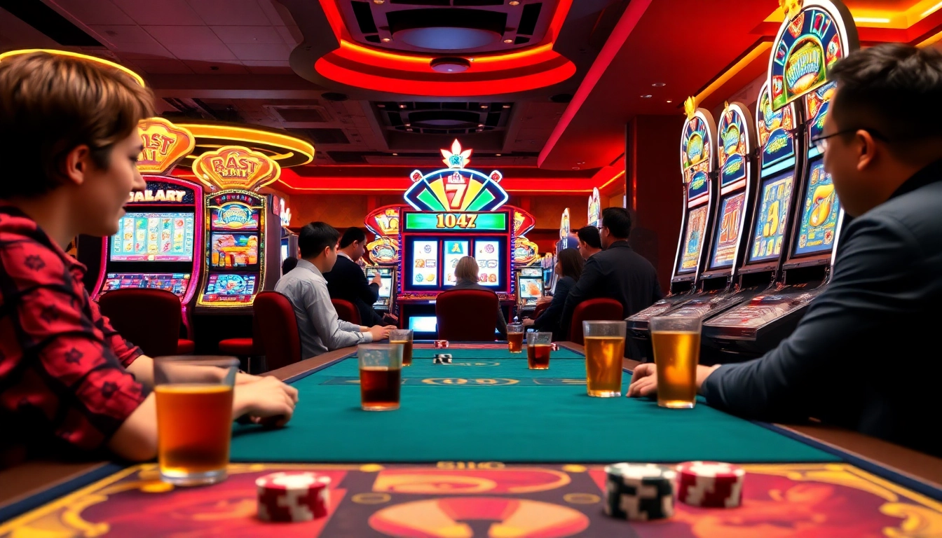 Permainan bandar slot yang menarik dengan pemain terlibat di kasino.