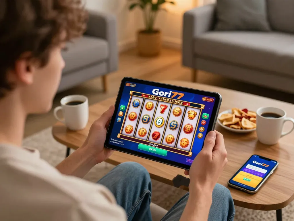 Engagement with Gori77 online slots on tablet in cozy setting, showcasing vibrant gameplay.