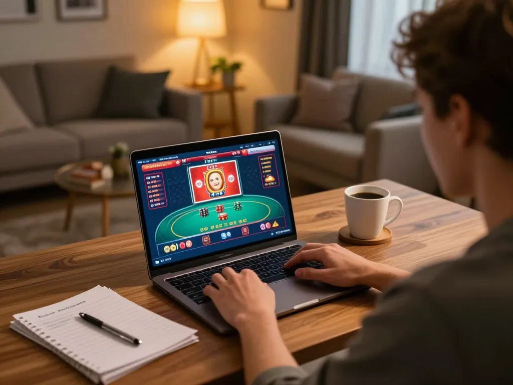 A player engaging in a live poker game on viral4d online platform, illuminating strategic gameplay at home desk.
