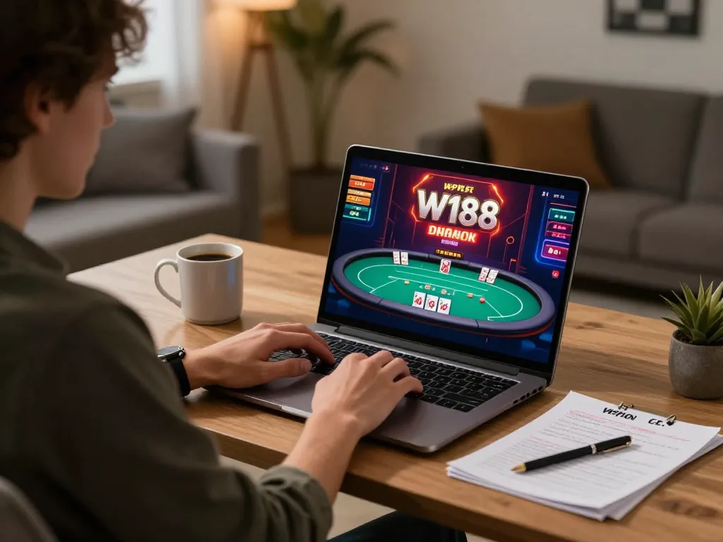 Player engaging with W188 online casino poker, highlighting a focused gaming experience at home