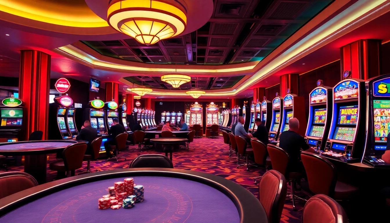 Erlebe den aufregenden casino bonus ohne einzahlung neu in einem lebendigen Casino-Umfeld mit Spieltischen und Neonlichtern.