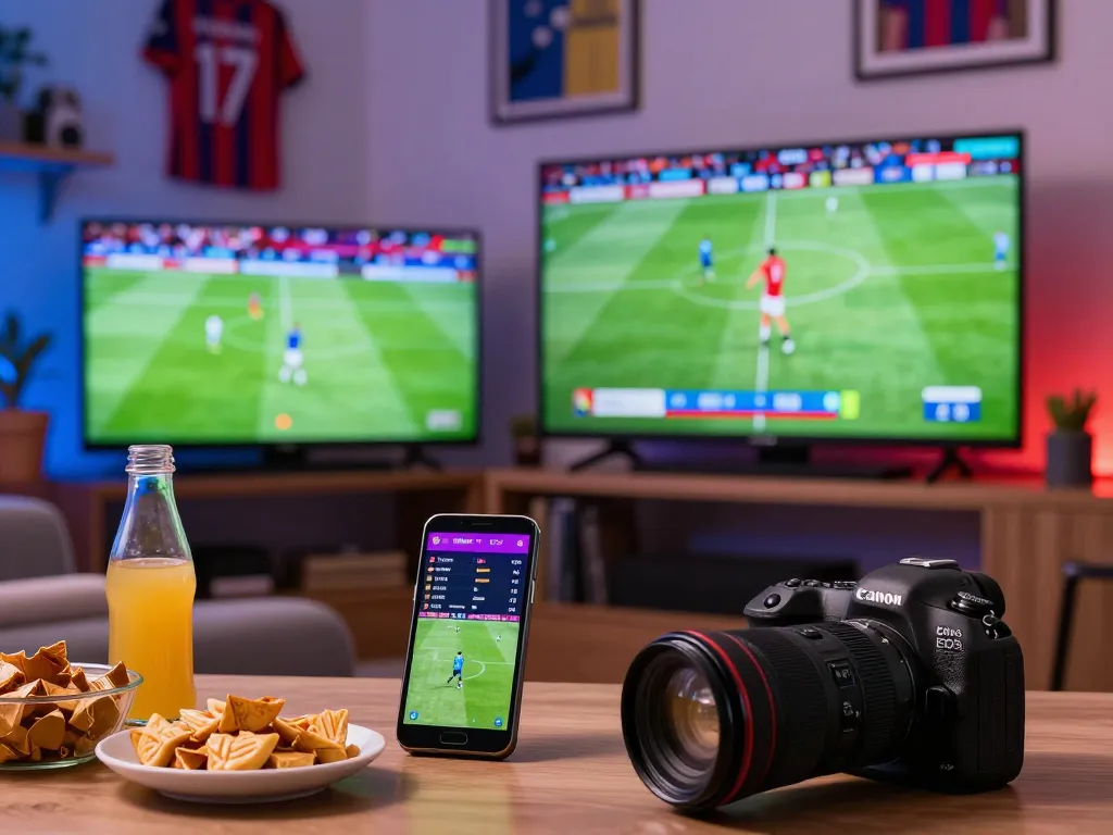 Excited fan enjoying live soccer on Cakhiatv with snacks and team memorabilia.