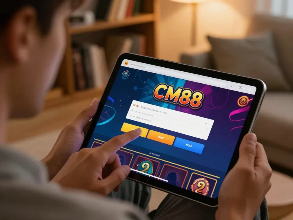 Engaging with Đăng nhập cm88 on a tablet in a cozy living room for online gambling.
