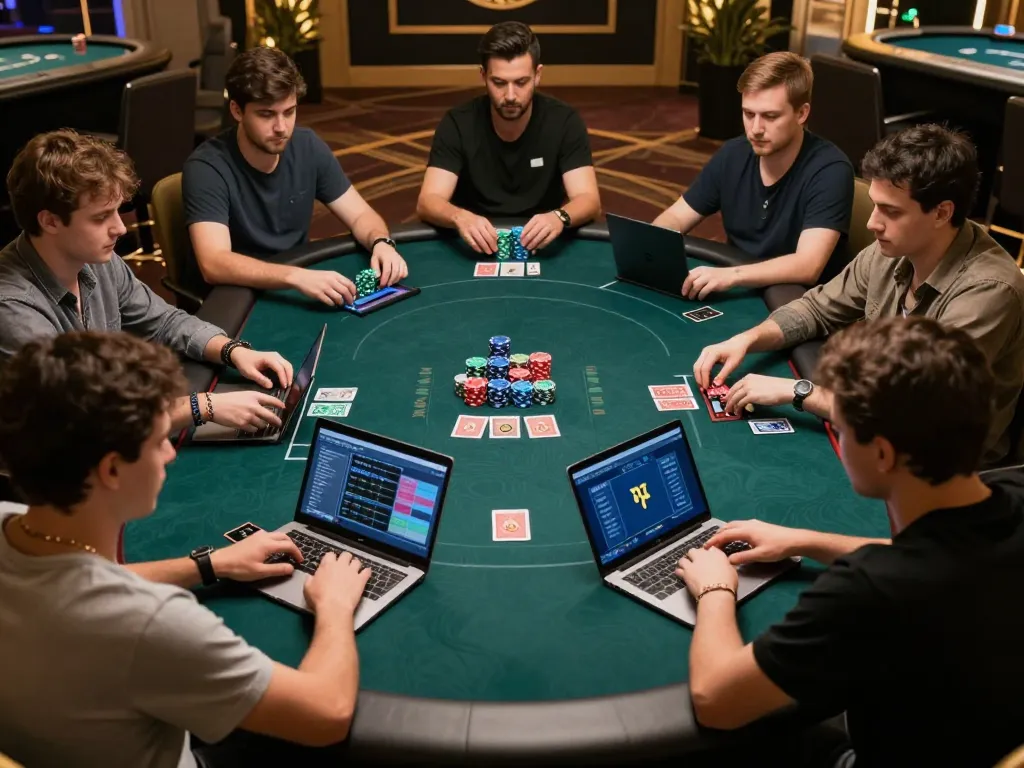 Luck8 players immersed in strategic online poker betting at a stylish gaming table.