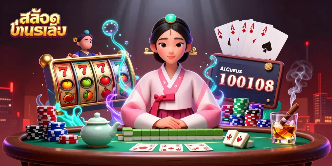 Play สล็อตทดลองเล่น with vibrant slot reels and poker elements in a captivating casino scene.