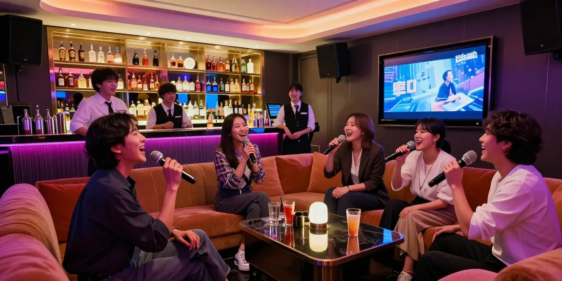 강남 가라오케에서 친구들과 즐거운 시간을 보내는 모습, 화려한 조명과 고급 음료가 어우러진 유흥 공간