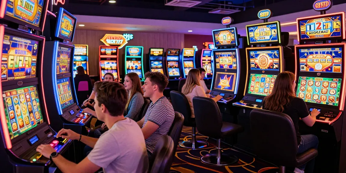 Group enjoying koitoto slot machines with vibrant casino lights