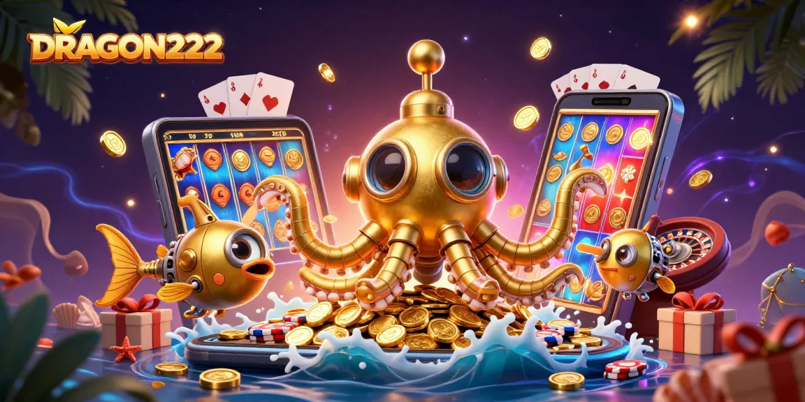 Experience thrilling gameplay with DRAGON222's slot games and golden treasure in this vivid illustration.
