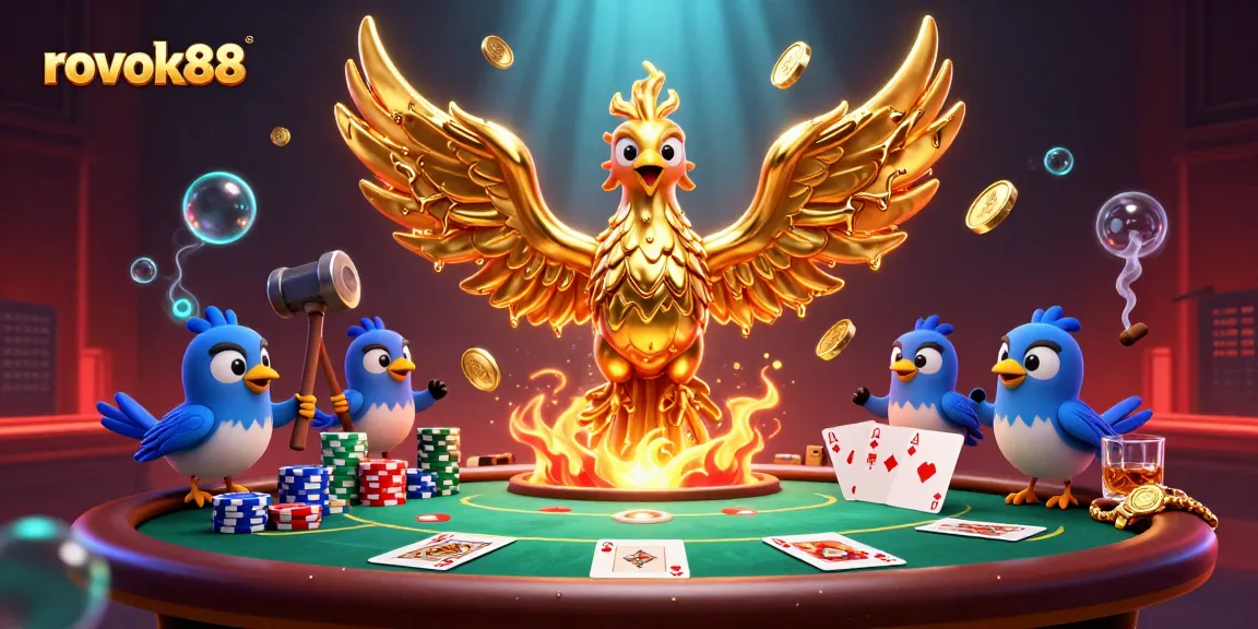 rokok88 showcases an electrifying casino scene with a molten phoenix and vibrant poker elements, creating action and excitement.