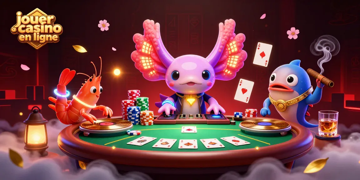Jouer au casino en ligne avec une illustration vibrante d'un DJ axolotl, des crevettes dansantes et un poisson-batteur.